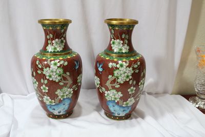 A Pair of Chinese Cloisonne Vases. 9 1/2" tall