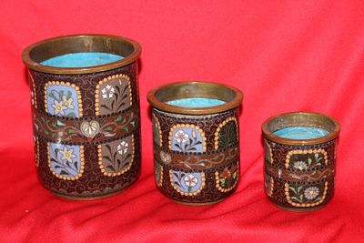 Set of 3 Japanese Cloisonne Cylinder Container. tallest= 3 3/4" - 19th century