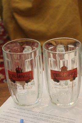 Set of 2 Krusovice Glass Beer Mug. 6 3/8" tall