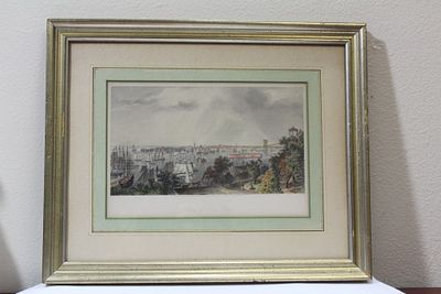 A Framed Engraving of the City of New York. handcoloured - overall= 15 5/8" x 12 1/2"