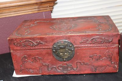 A Chinese Vintage Leather Box. 13" x 7 3/8" x 5 1/4"