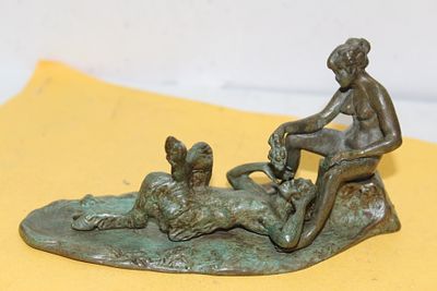A Rare Two Part Nude Bronze with Devil. three dimensional antique bronze - 5 1/2" across - 