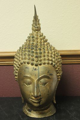 An Antique/Vintage Gold Buddha Head. Possibly Thailand - Gold guilted? - 16" tall - heavy - 