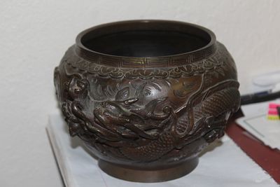 Antique Japanese Dagon Bronze Planter. embossed design - 3 dimentional - 5 3/4" tall and 