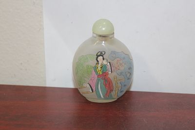 A Reverse Painting on a Glass Snuff Bottle. 3" tall - vintage - please note: spoon broke off
