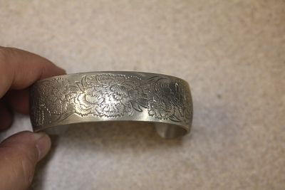 Oriental Pewter Bangle Bracelet. well carved