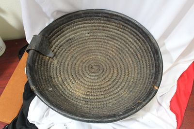 A Leather nad Woven Native American Basket. very rare - museum labeled - 13 1/2" in diameter