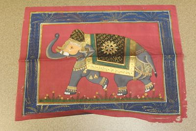 Hand Painted Indian Pastel. on cloth - two elephants - overall= 13 1/4" x 9 5/8" - please note= 