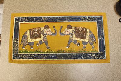 Hand Painted Indian Pastel. on cloth - two elephants - overall= 15" x 7 3/4" - please note= 