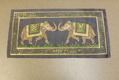 Hand Painted Indian Pastel. on cloth - two elephants - overall= 15" x 7 3/4" - unframed