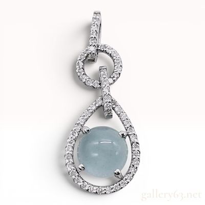 18K White Gold Aquamarine Cabochon and Diamond Articulated Drop Pendant. An 18-karat white gold 