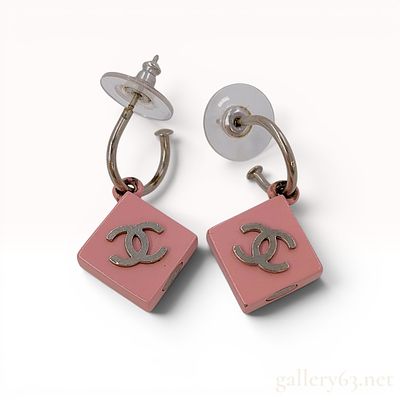 A Pair of Chanel Spring 2004 Pink Resin and Silver-Toned CC Square Drop Earrings. A matched pair 