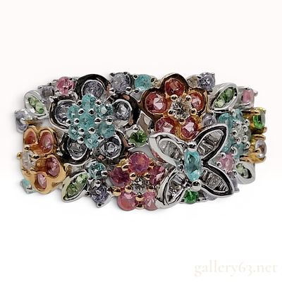 18K White Gold Multi-Gemstone Floral and Butterfly Cocktail Ring. An 18 karat white gold 