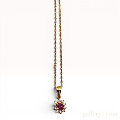 18K Yellow Gold Ruby and Diamond Halo Pendant Necklace. A gemstone cluster pendant necklace 