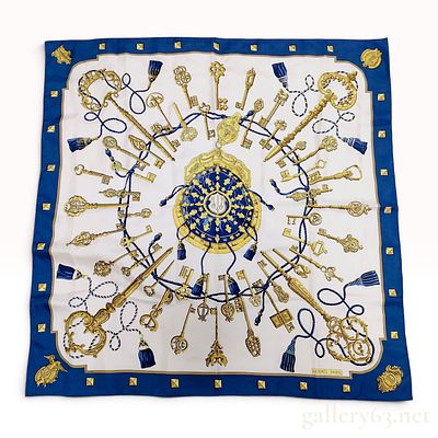 Hermes Paris Silk Twill Scarf in Les Cles Pattern. This Hermes silk twill scarf features the Les 