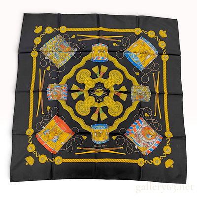 Hermes Silk Scarf in Les Tambours Pattern by Joachim Metz. An Hermes silk twill scarf featuring 