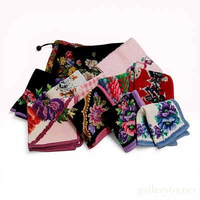 A Collection of Feiler Chenille Cotton Floral Handkerchiefs and Pouch. A collection of Feiler 