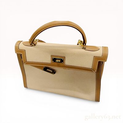 Italian Kelly-style Two-tone Canvas and Leather Handbag. Italian Kelly-style top-handle handbag 