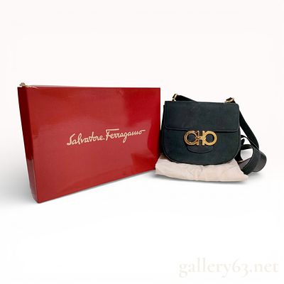 Salvatore Ferragamo Gancini Suede Shoulder Bag Black with Box and Dust Bag. Authentic Salvatore 