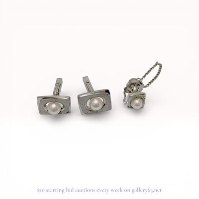Sterling Silver Pearl Cufflinks and Tie Tack Set Estate Jewelry Lot. Sterling Silver Pearl 