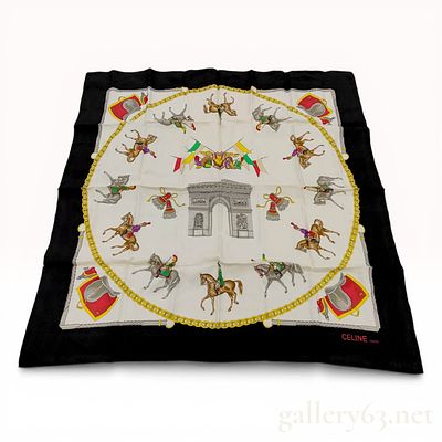 Celine Silk Scarf with Equestrian and Arc de Triomphe Motif. Celine silk scarf featuring an 