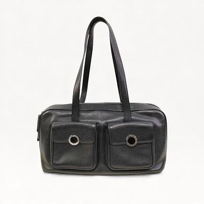 Bulgari Black Grained Leather Twin Pocket Shoulder Bag. Bulgari shoulder bag in black pebbled 