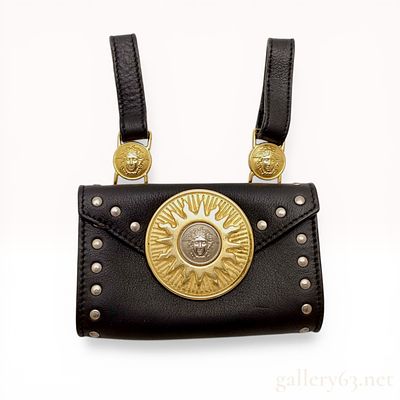 Vintage Gianni Versace Medusa Sun Belt Pouch. Gianni Versace vintage black leather belt pouch 