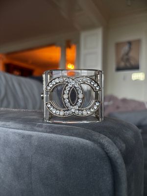 Chanel 19A Resin and Crystal CC Hinged Cuff Bracelet. This Chanel hinged cuff bracelet is 