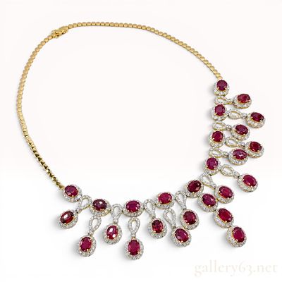 An Important 18K Yellow Gold 56.76ctw Ruby and 10.00ctw Diamond Bib Fringe Necklace. An 