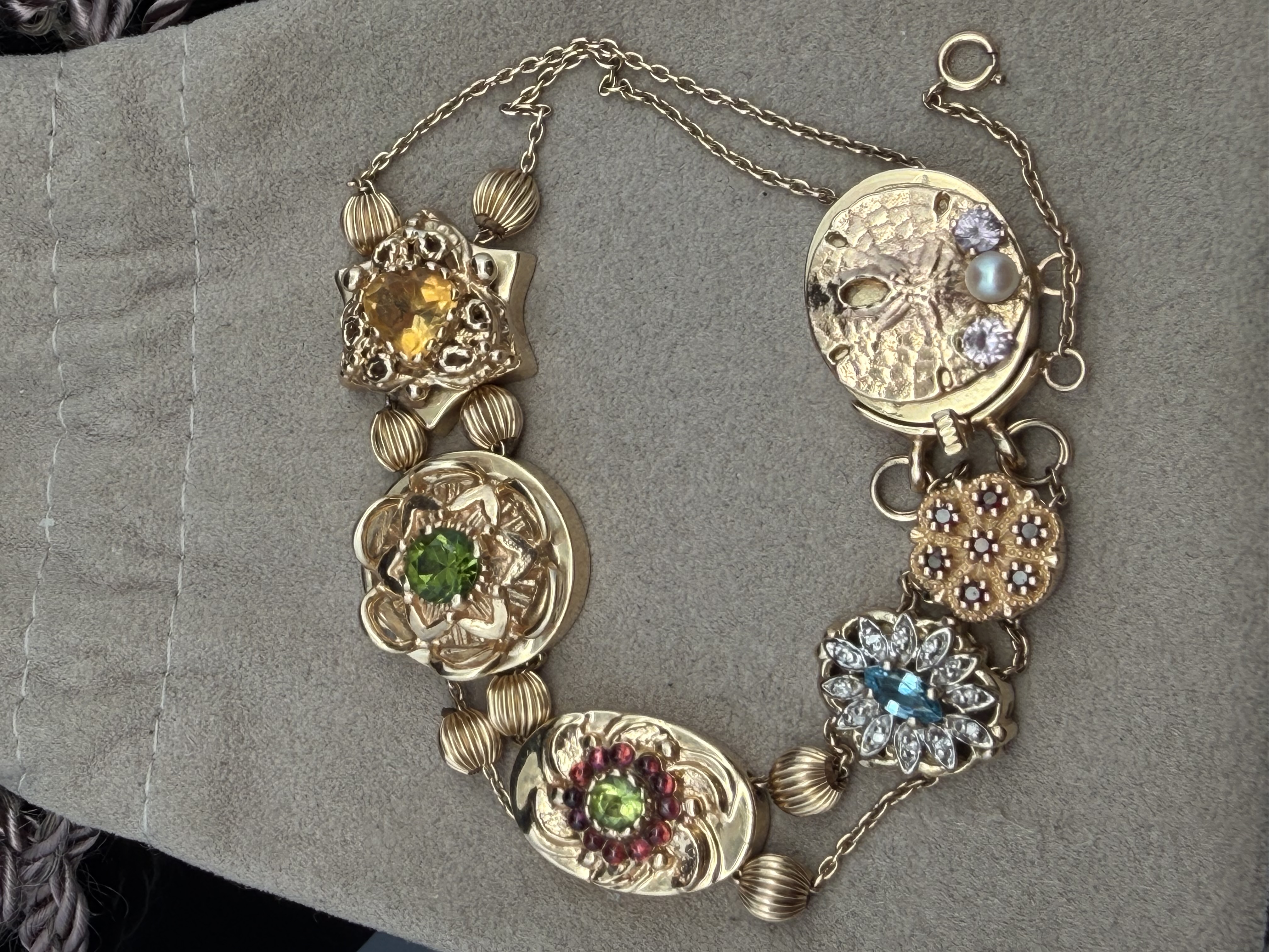 14K Yellow Gold Gemstone and Diamond Charm Slide Bracelet
