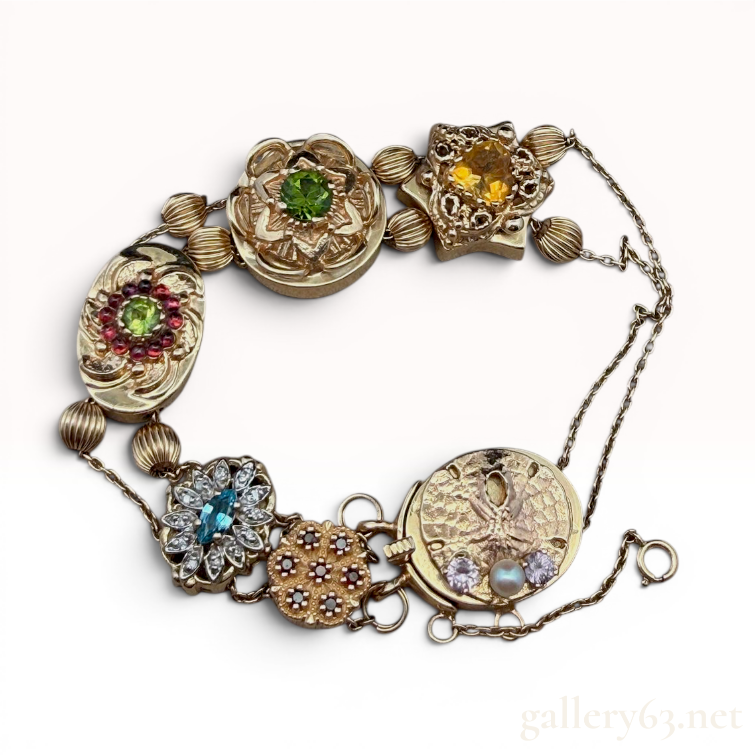 14K Yellow Gold Gemstone and Diamond Charm Slide Bracelet
