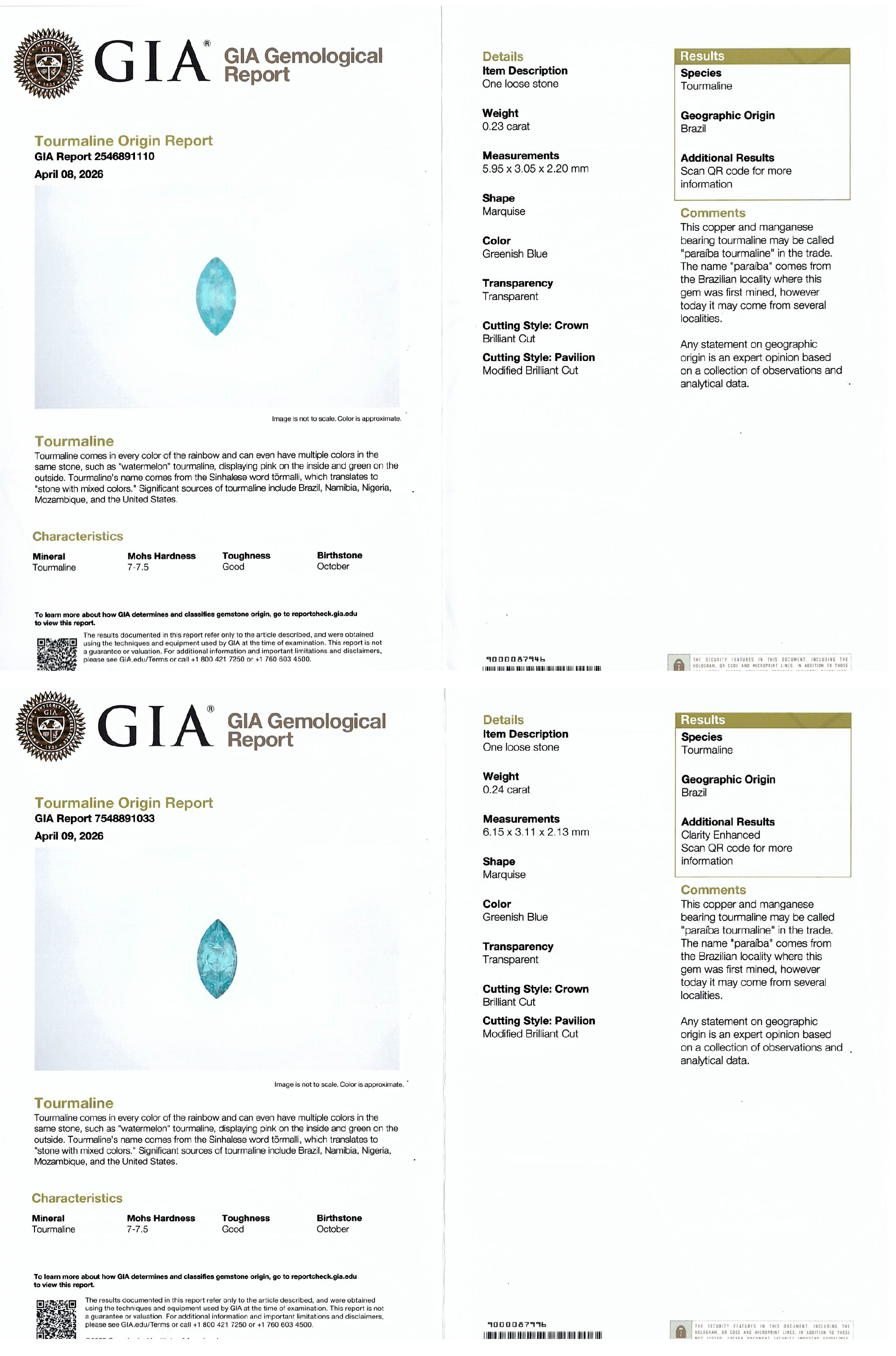 A Pair of Brazilian Paraiba Tourmalines with GIA Reports