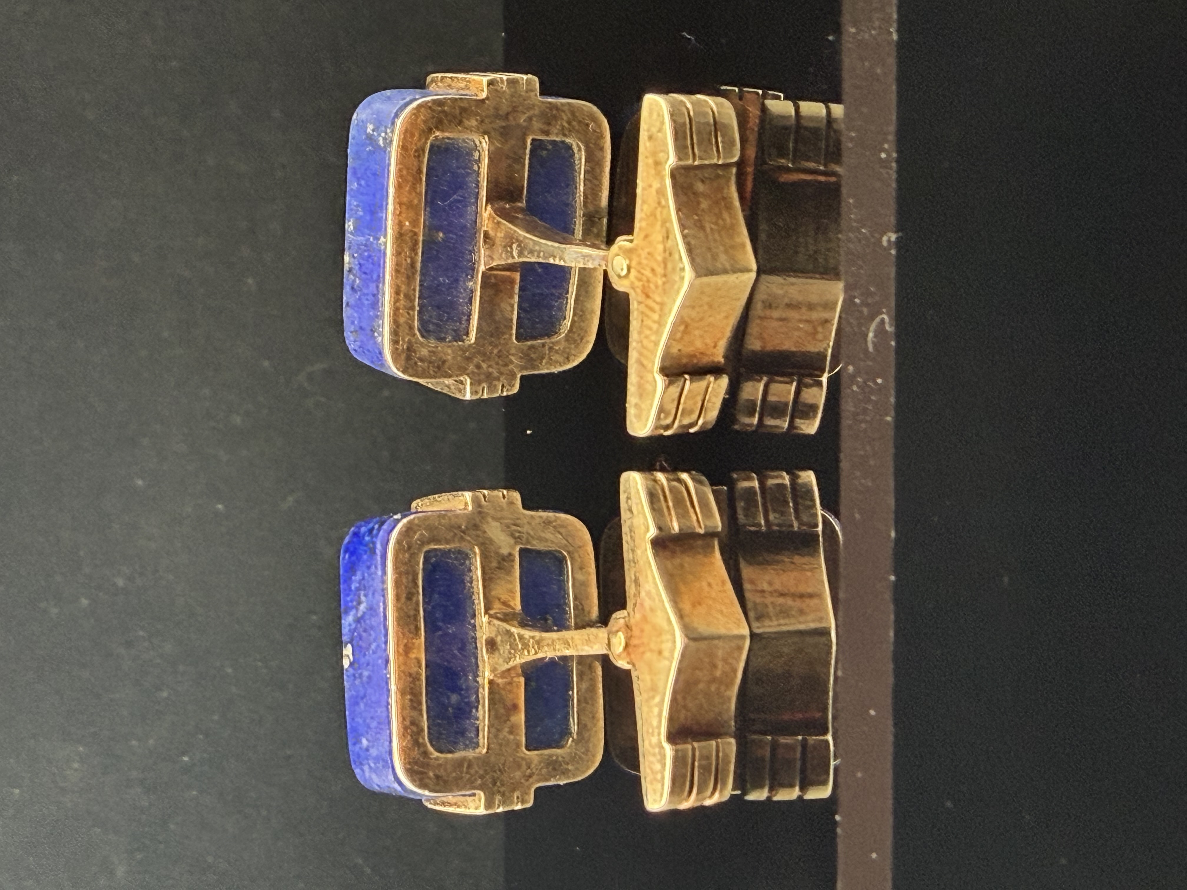 14K Yellow Gold Mid Century Lapis Lazuli Cuff Links