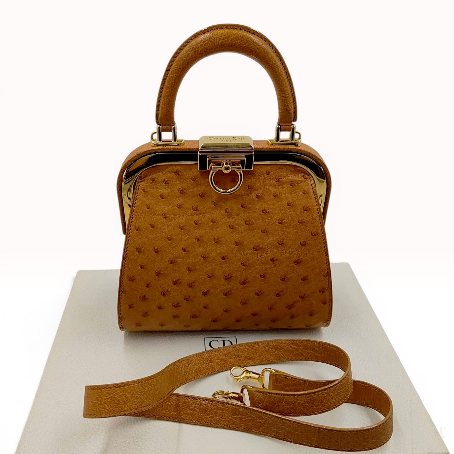 Christian Dior Vintage Ostrich Leather Frame Top Handle Bag