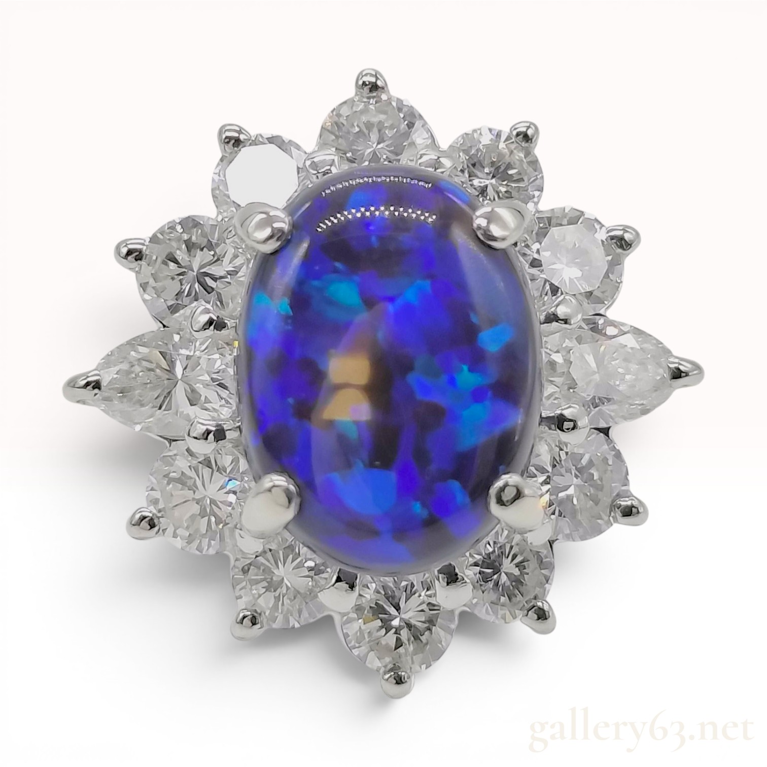 Pt900 Platinum Natural Black Opal and Diamond Cluster Cocktail Ring