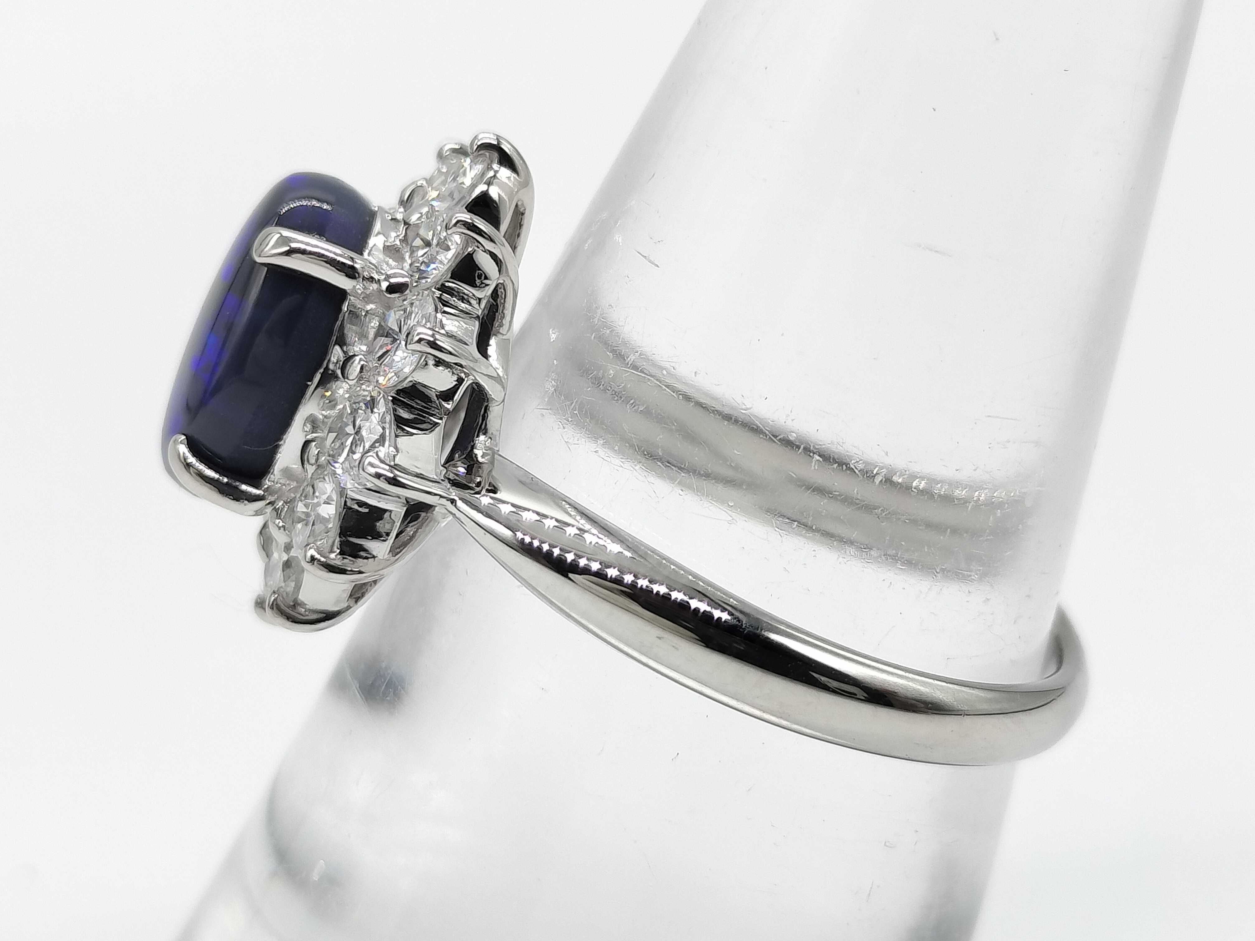 Pt900 Platinum Natural Black Opal and Diamond Cluster Cocktail Ring