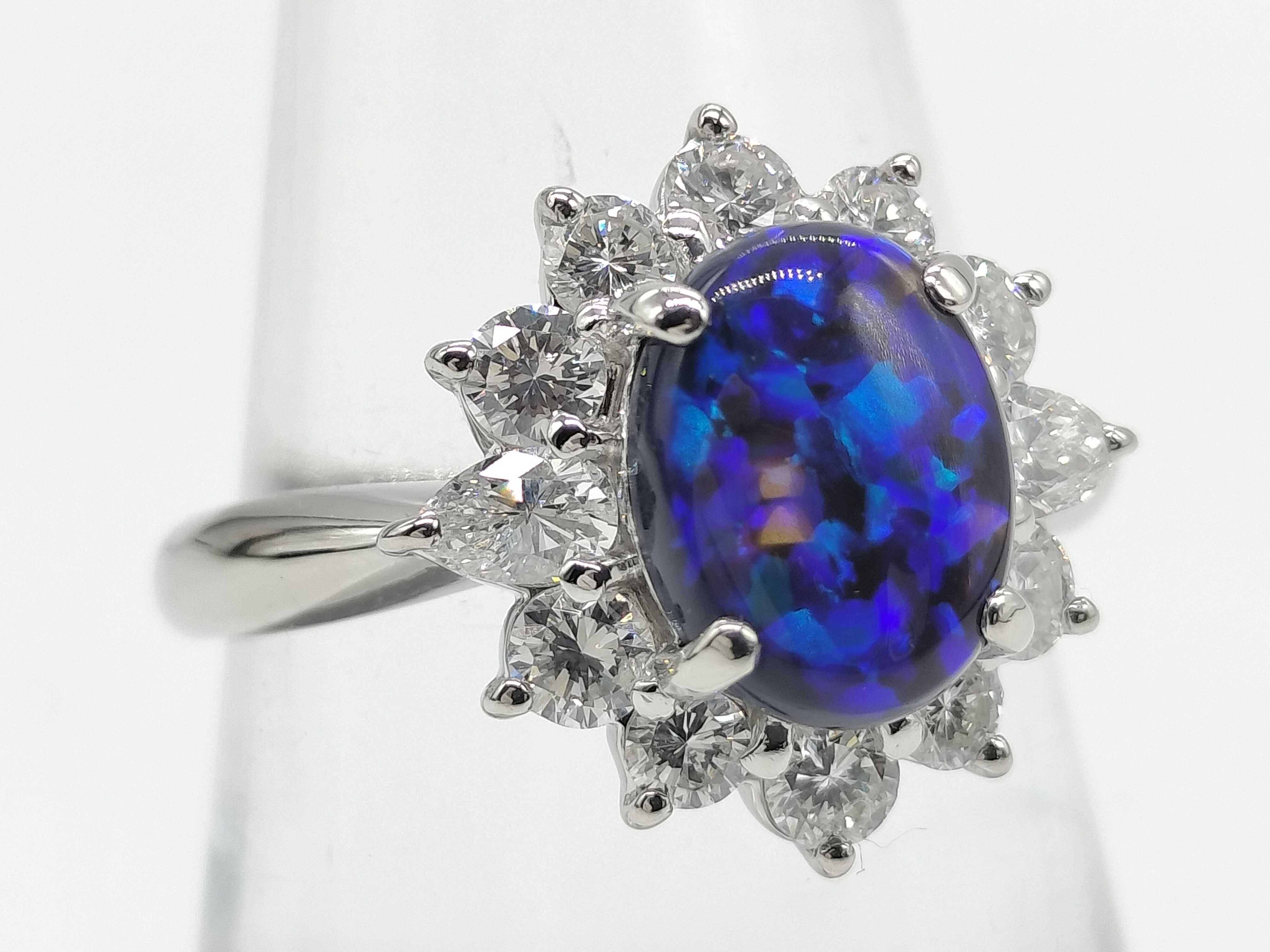 Pt900 Platinum Natural Black Opal and Diamond Cluster Cocktail Ring