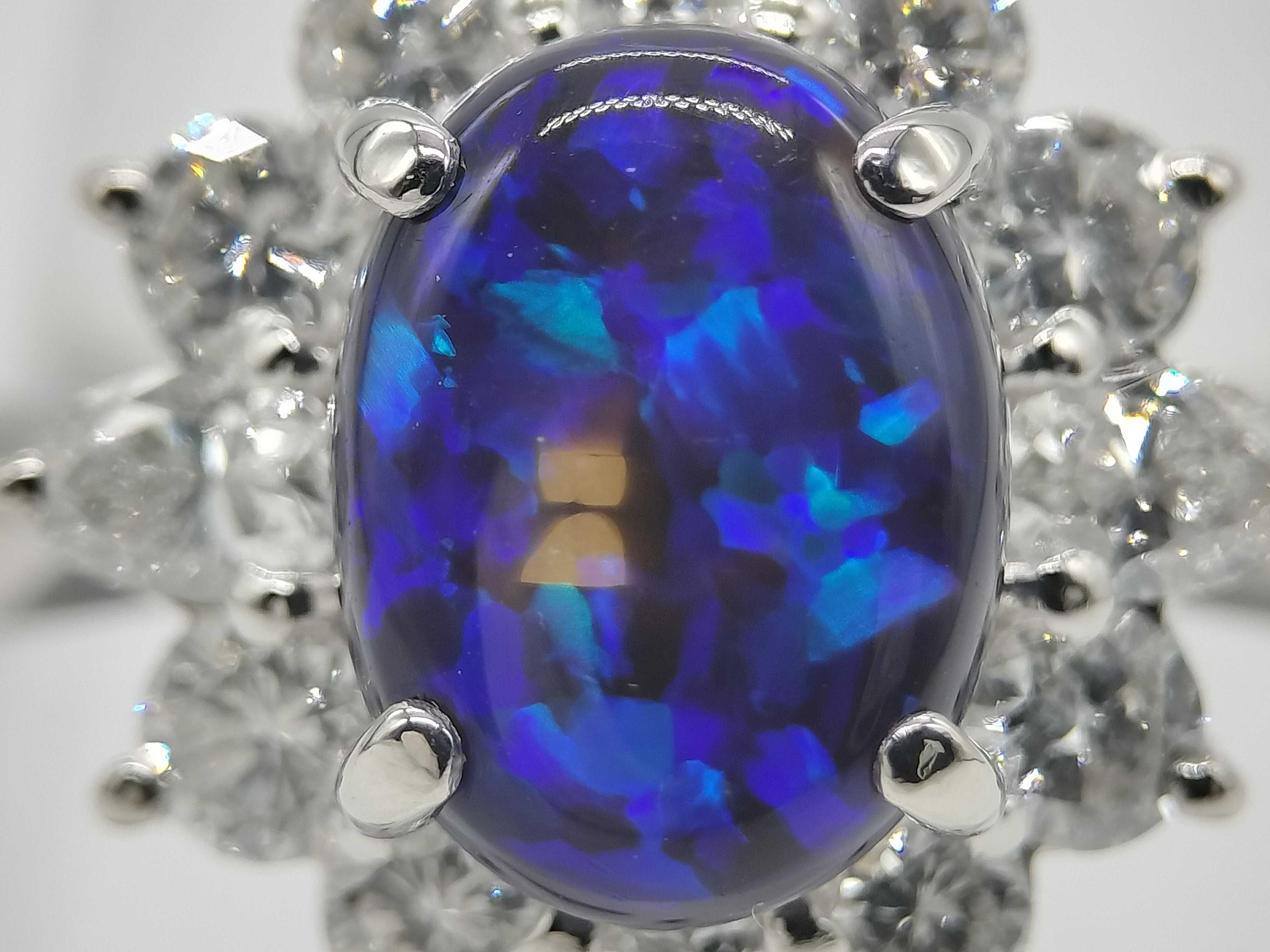 Pt900 Platinum Natural Black Opal and Diamond Cluster Cocktail Ring