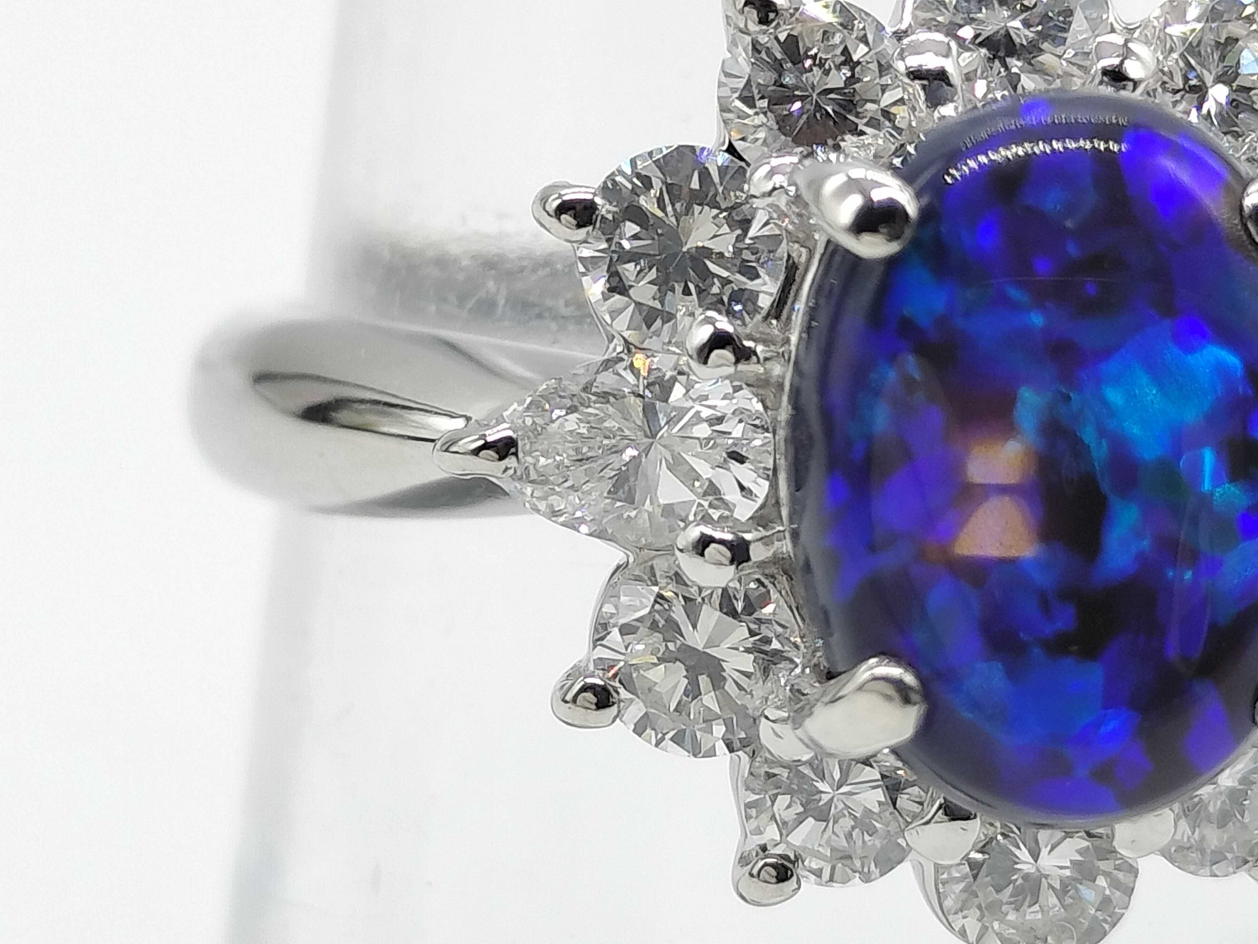 Pt900 Platinum Natural Black Opal and Diamond Cluster Cocktail Ring
