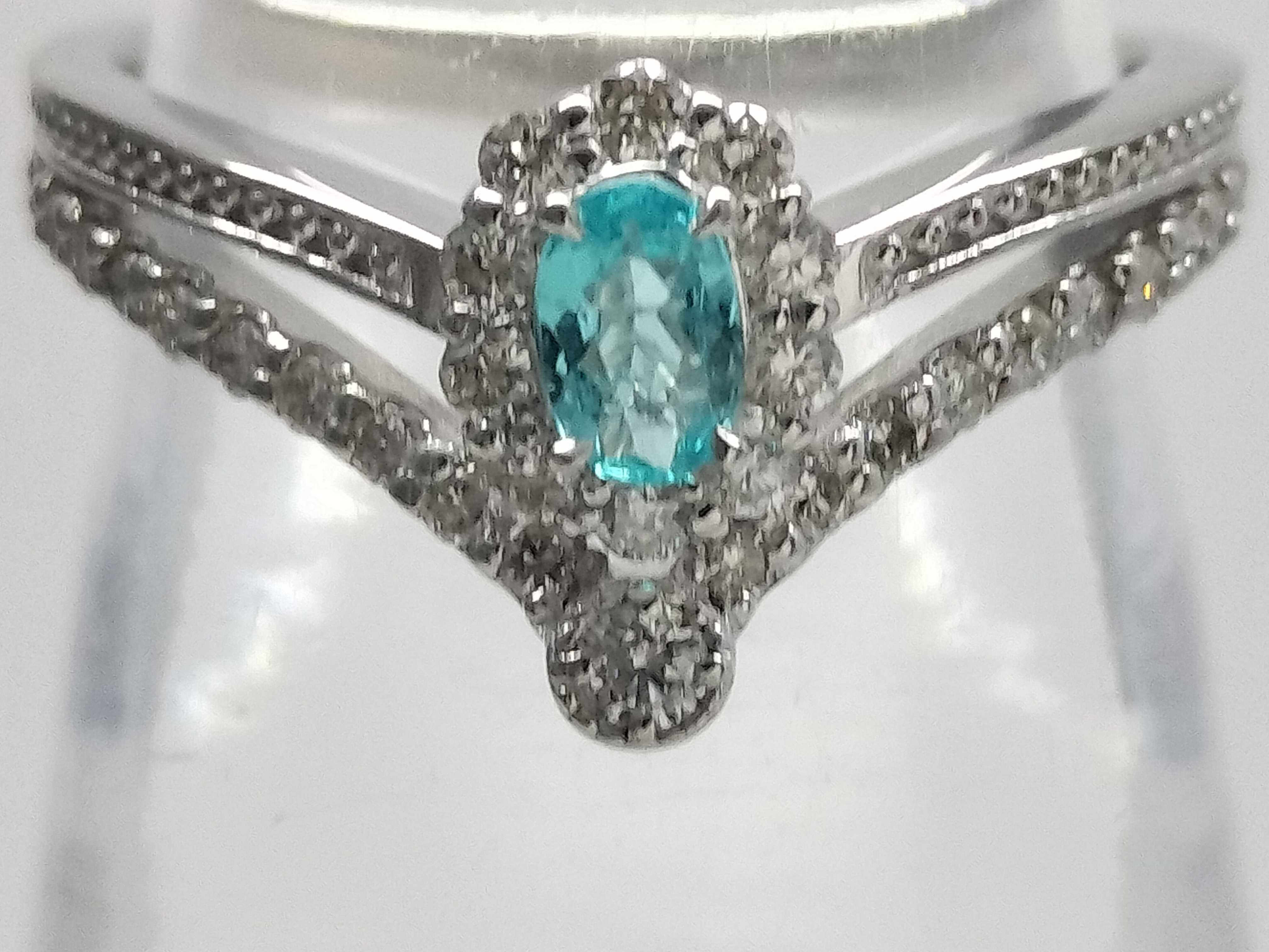 Platinum Paraiba Tourmaline and Diamond Halo Chevron Ring