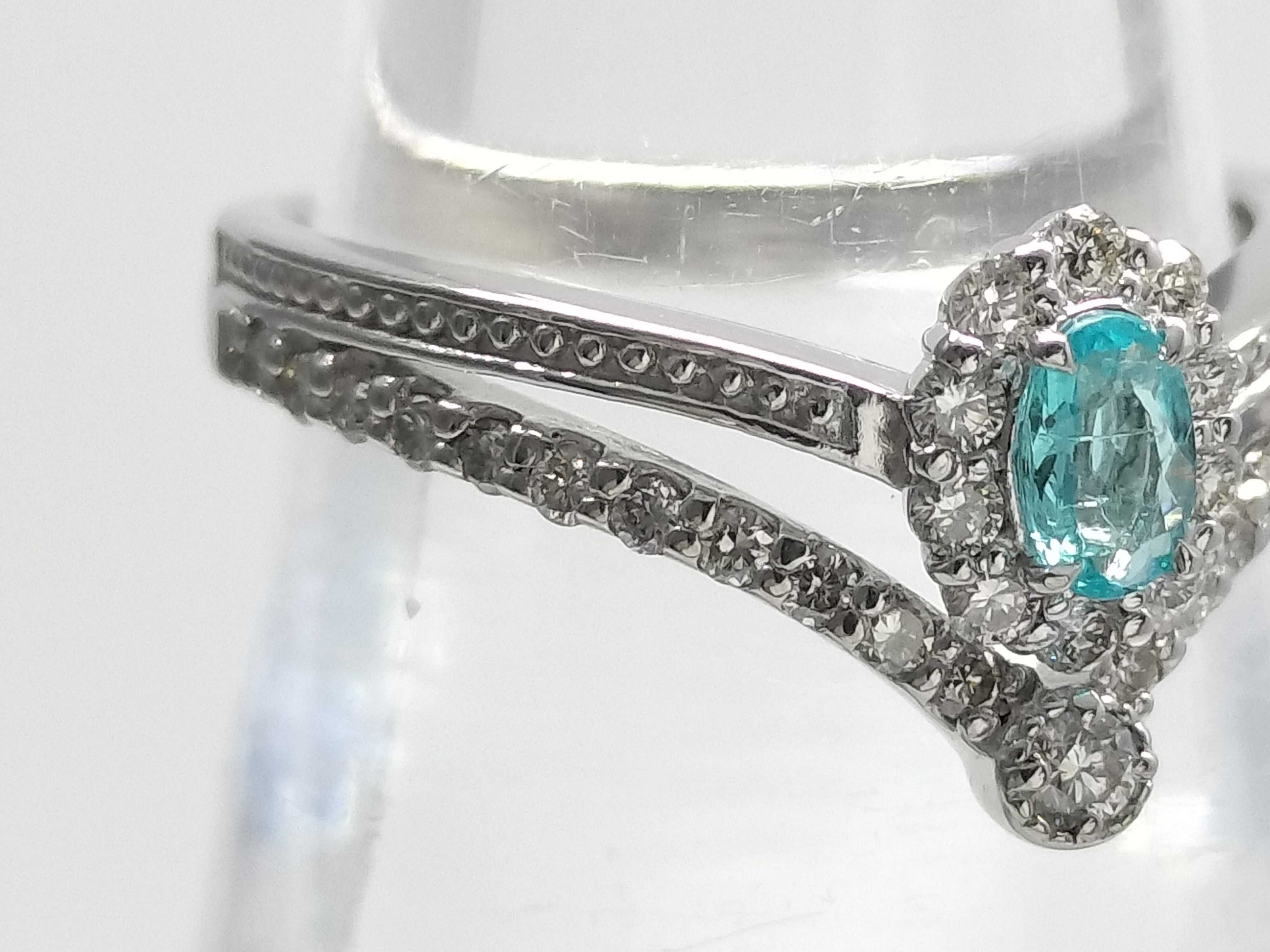 Platinum Paraiba Tourmaline and Diamond Halo Chevron Ring