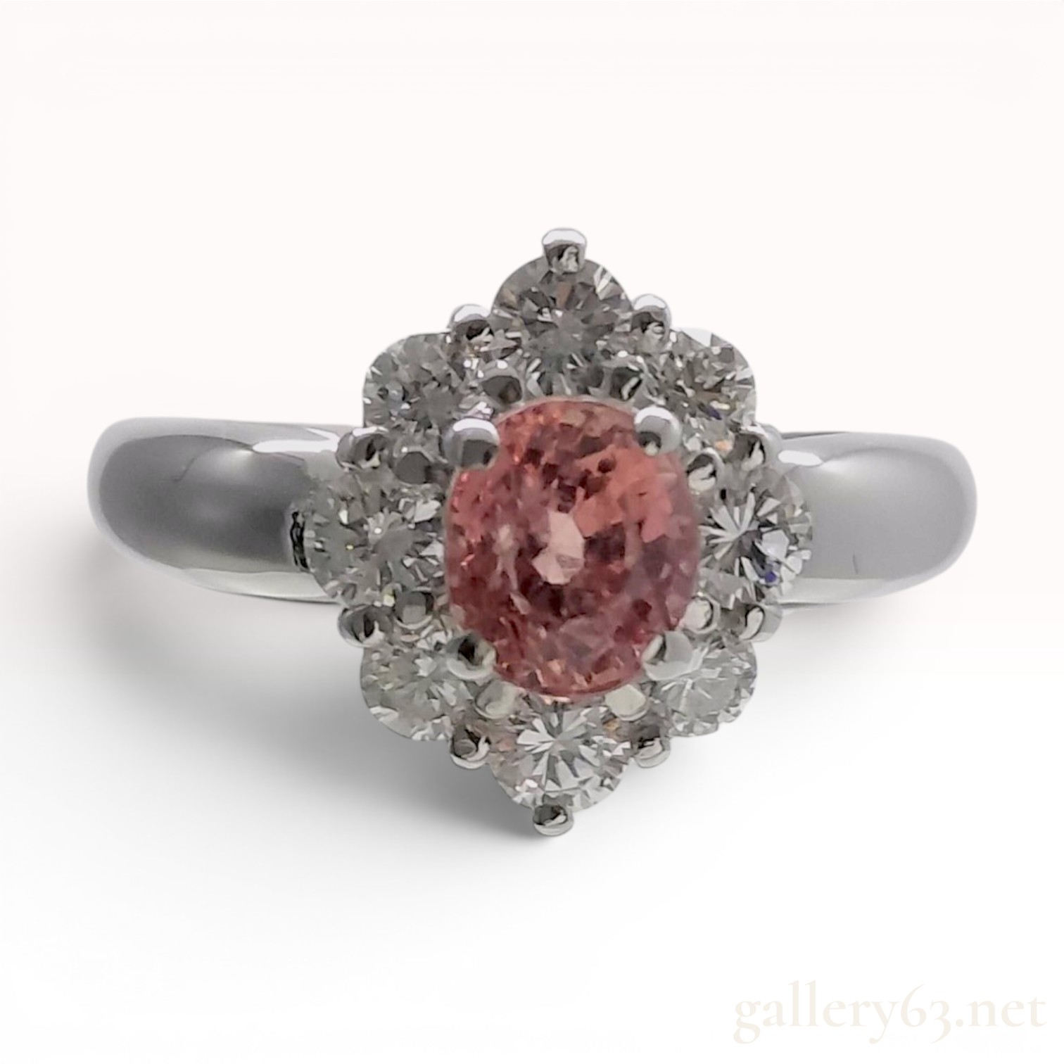 Padparadscha Sapphire and Diamond Halo Ring in Pt900 Platinum, 1.143 Carats