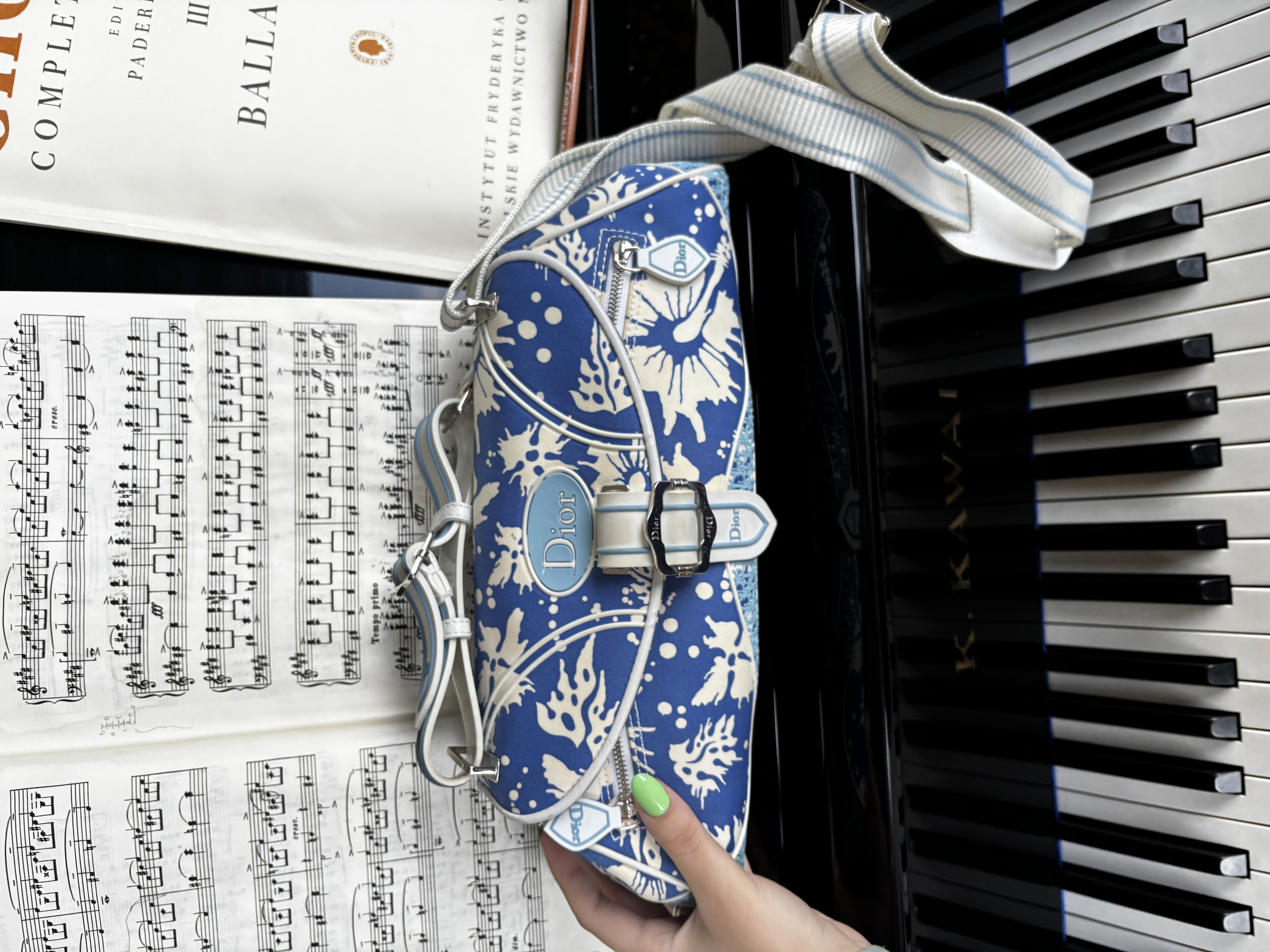 Christian Dior Vintage Blue and White Surf Chick Floral Canvas Flight Bag