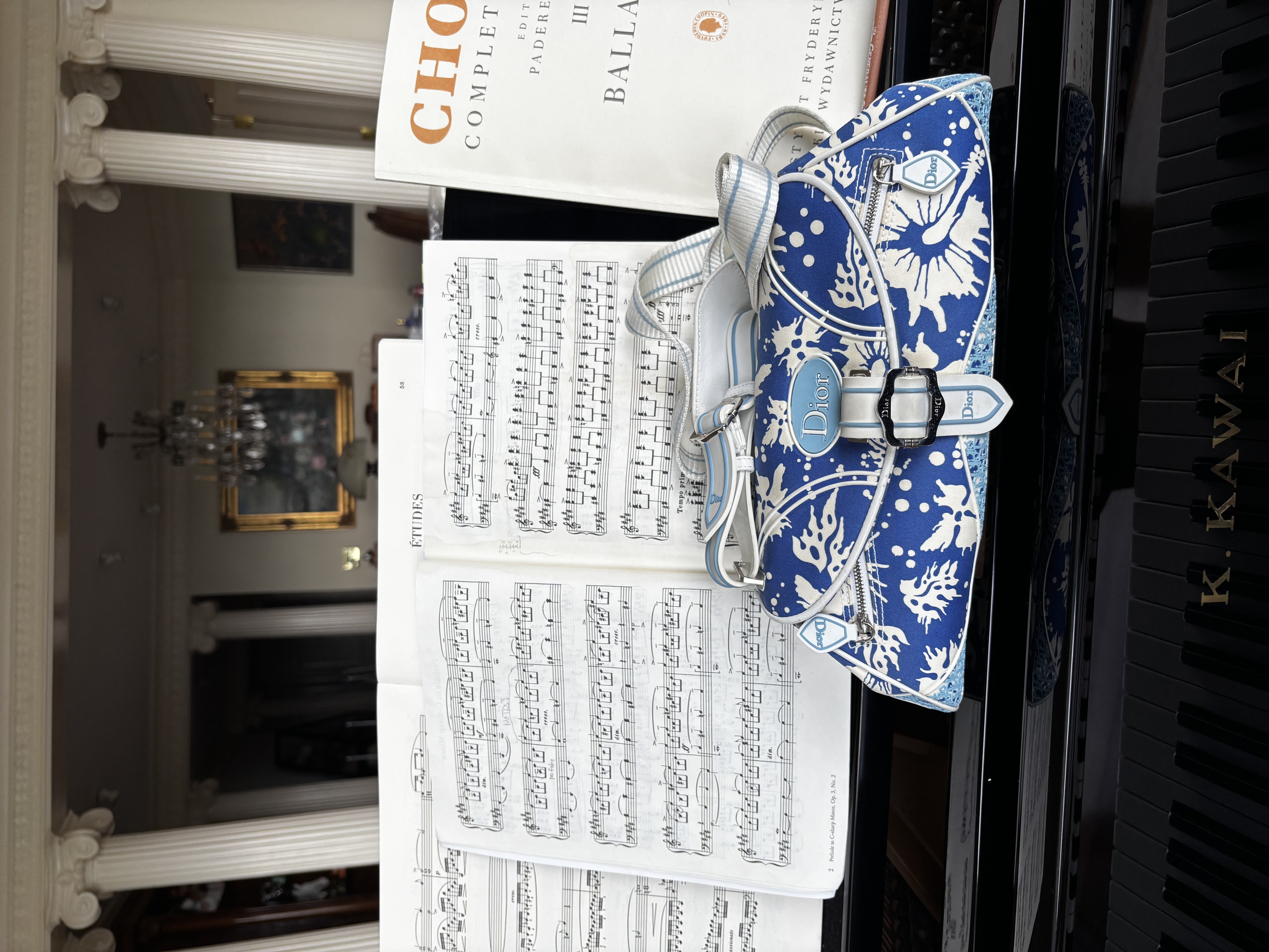 Christian Dior Vintage Blue and White Surf Chick Floral Canvas Flight Bag