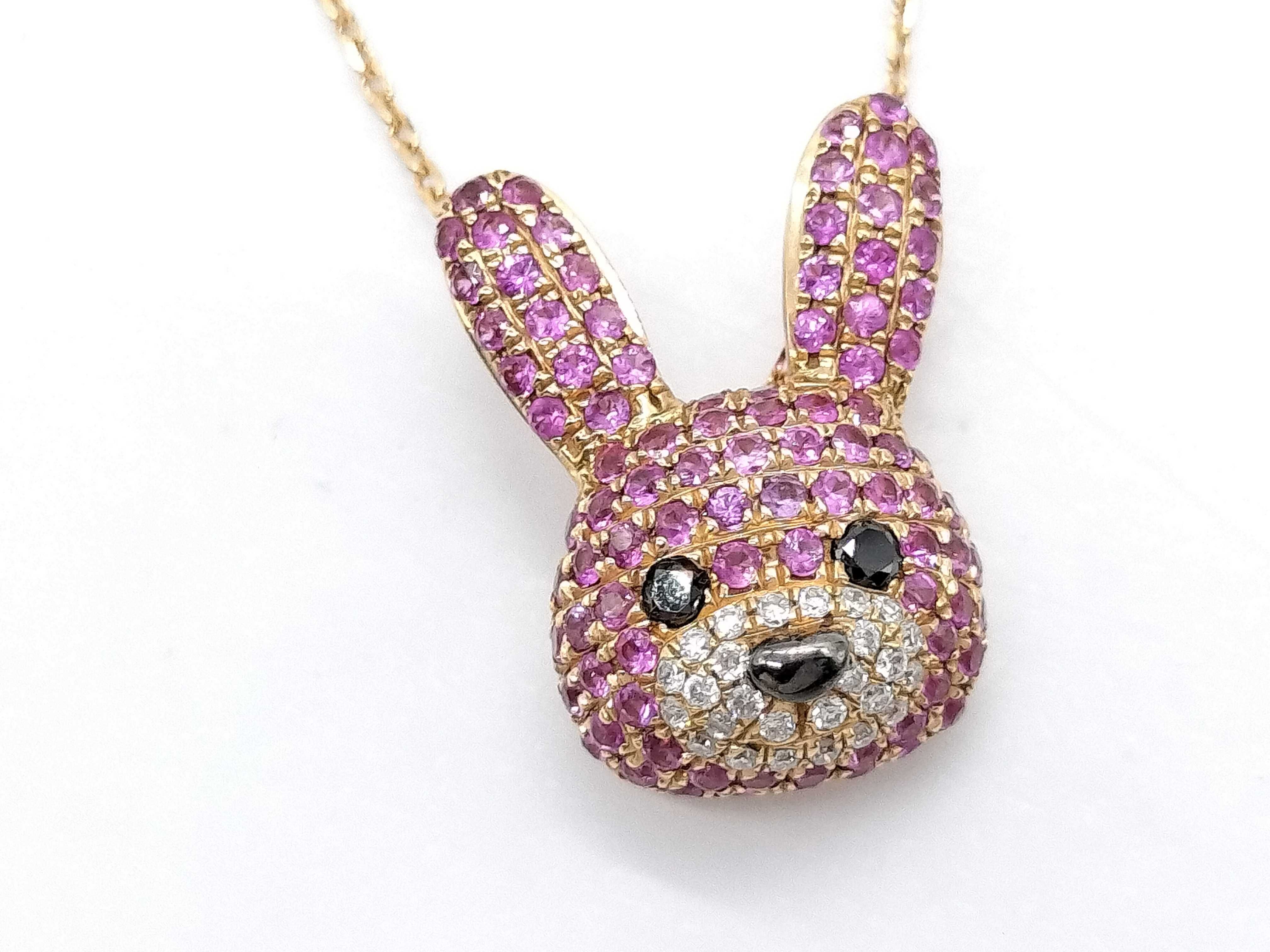 18K Yellow Gold Pink Sapphire and Diamond Rabbit Motif Pendant Necklace