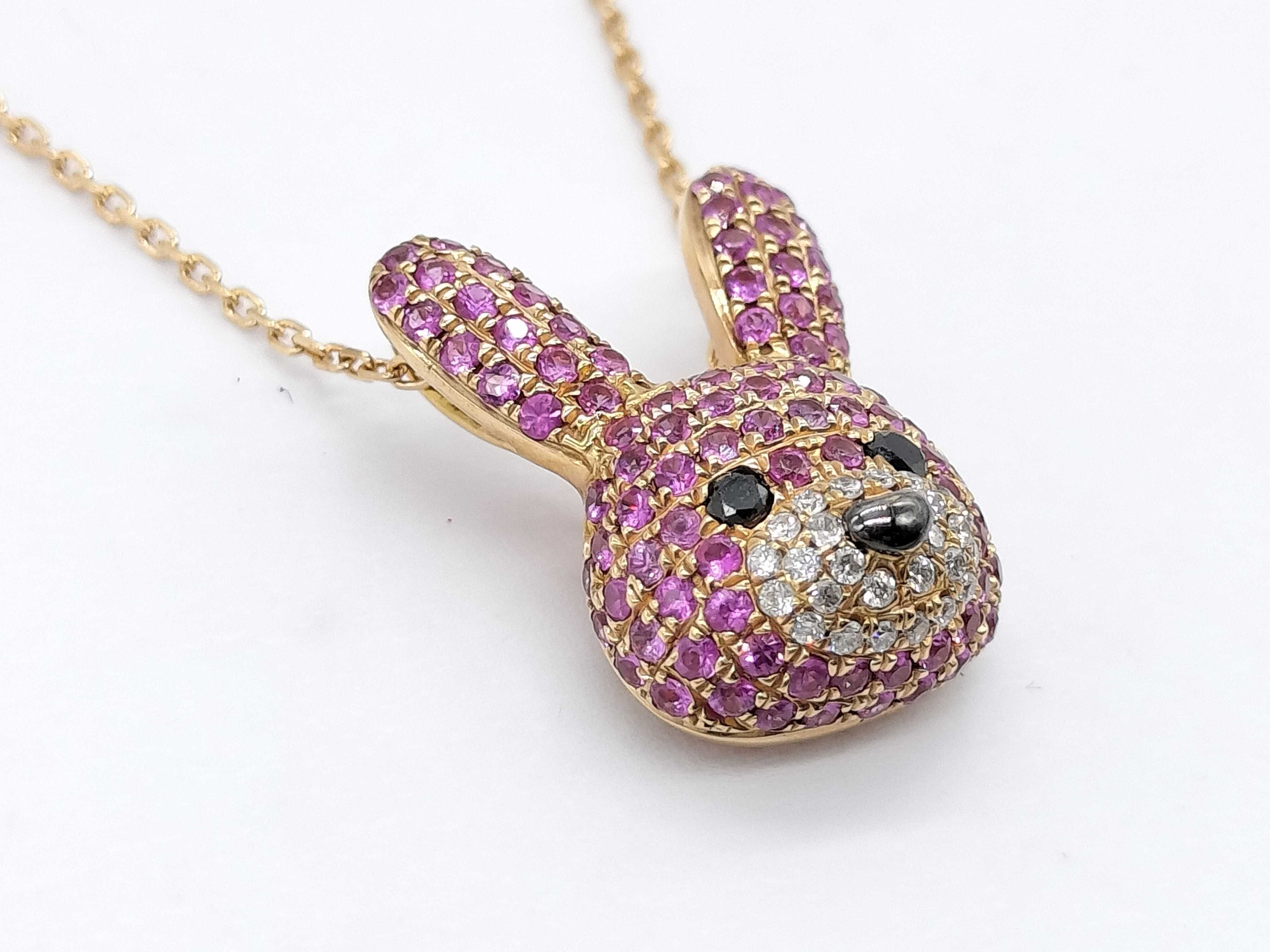 18K Yellow Gold Pink Sapphire and Diamond Rabbit Motif Pendant Necklace