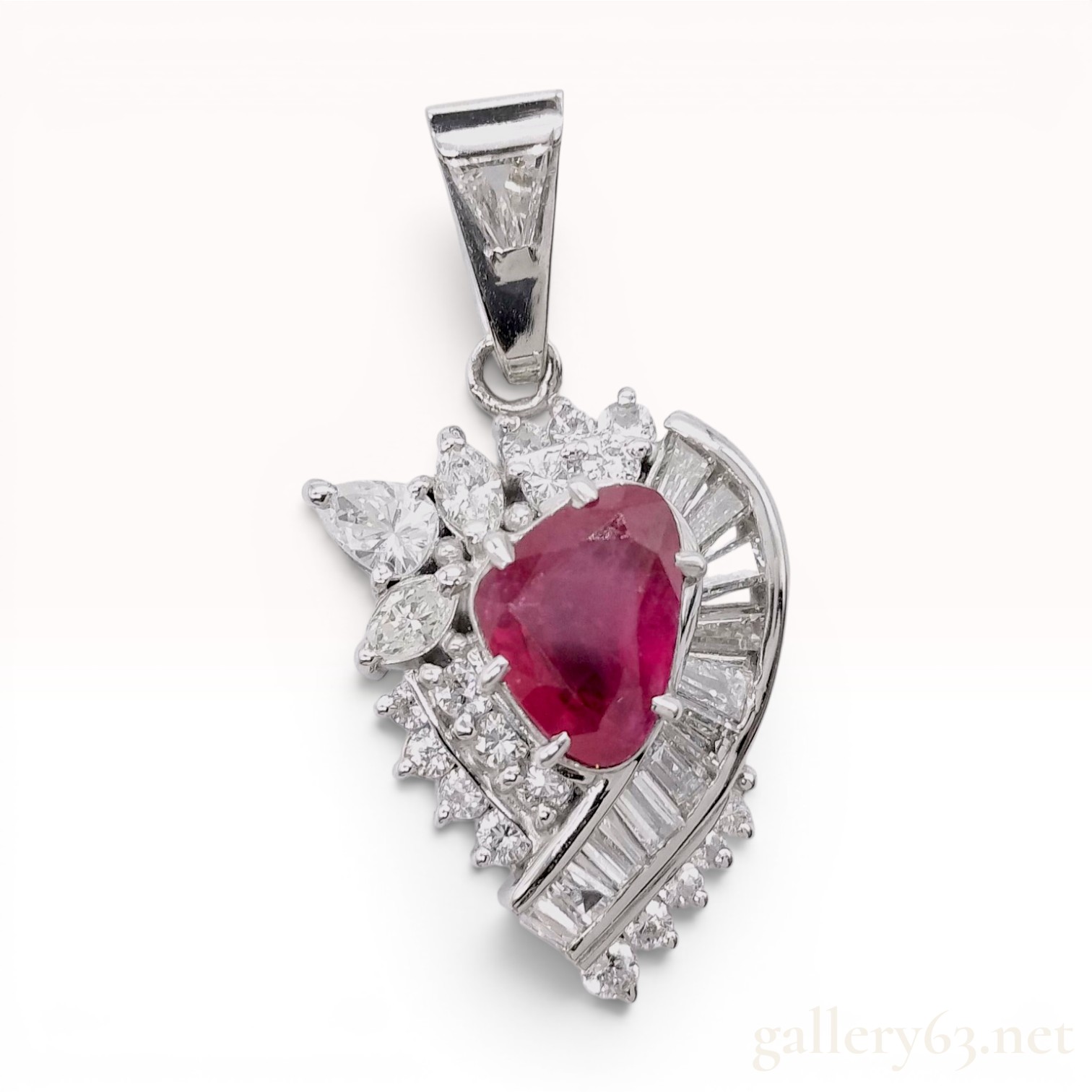 Platinum Thai Ruby and Multi-Cut Diamond Asymmetrical Pendant