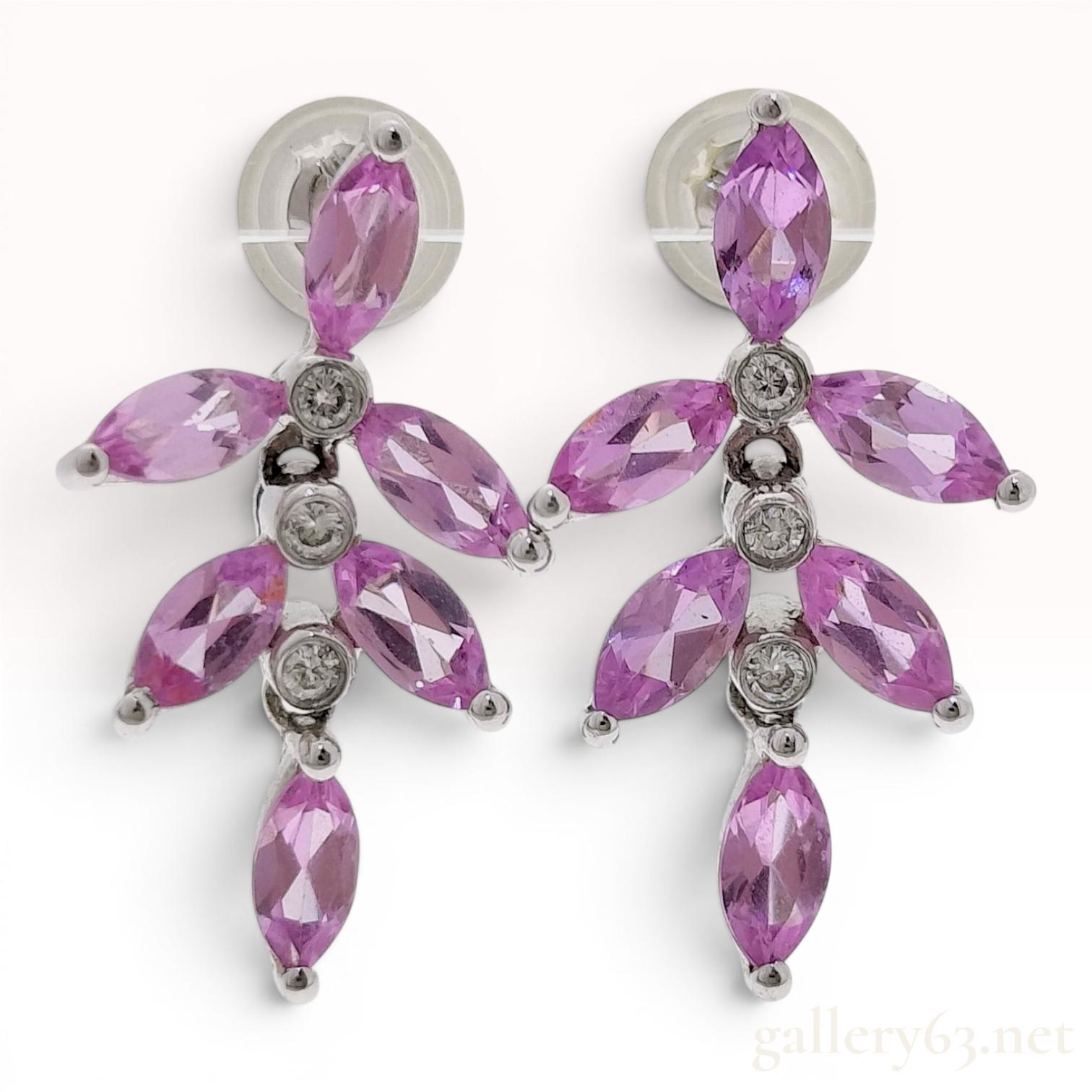 A Pair of 18K White Gold, Pink Sapphire, and Diamond Floral Cluster Drop Earrings