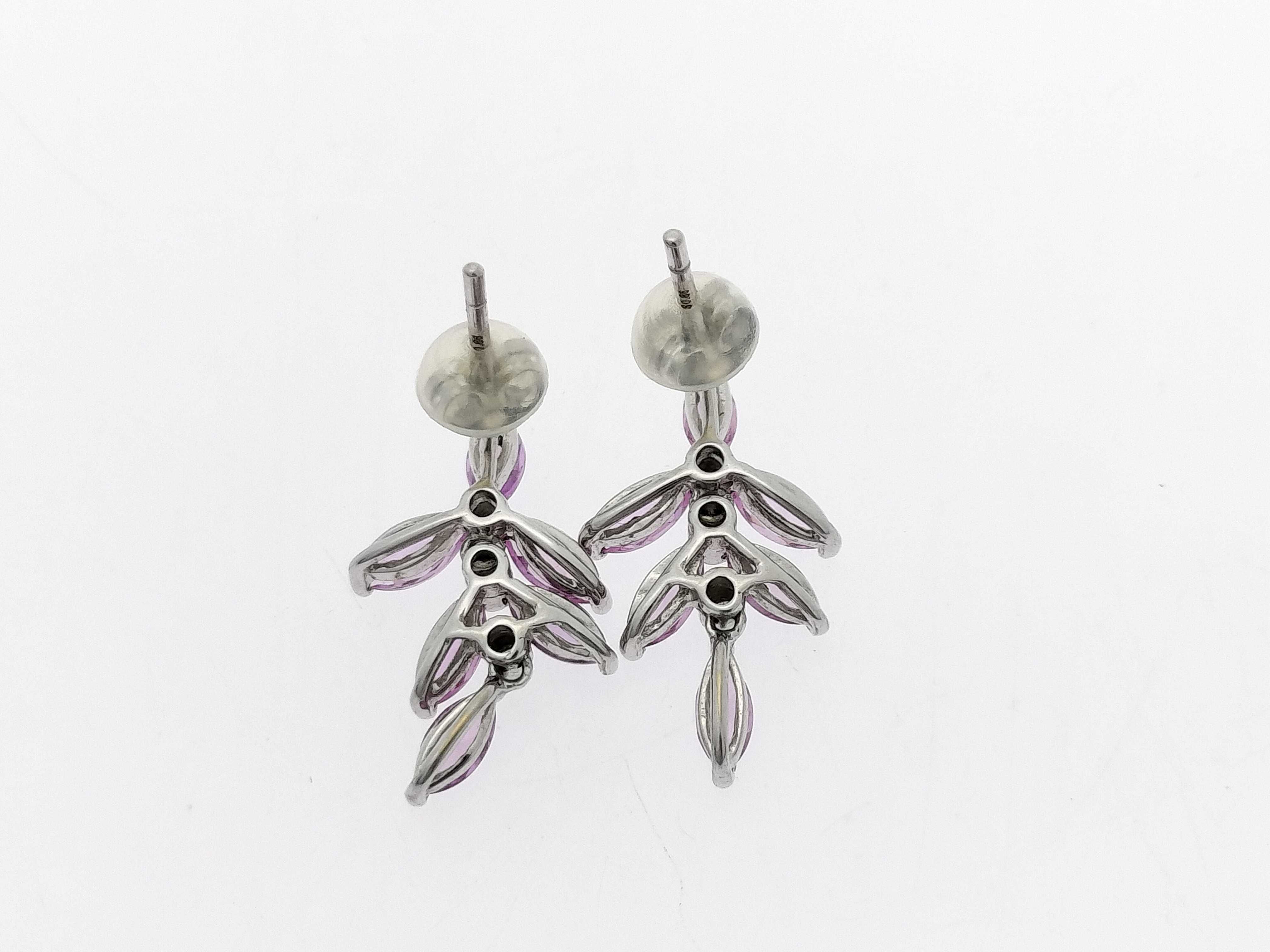 A Pair of 18K White Gold, Pink Sapphire, and Diamond Floral Cluster Drop Earrings