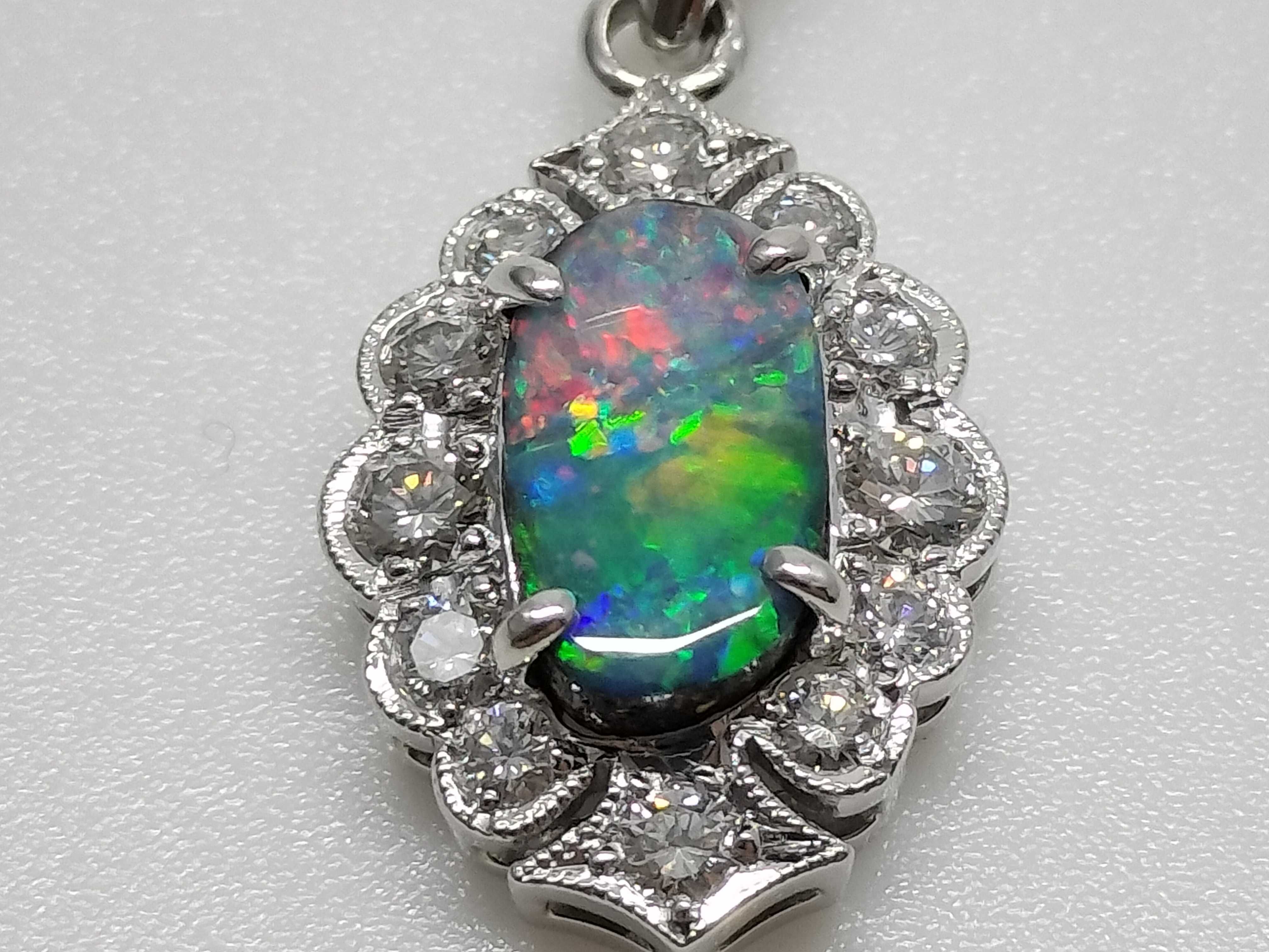Platinum Natural Boulder Opal and Diamond Halo Pendant